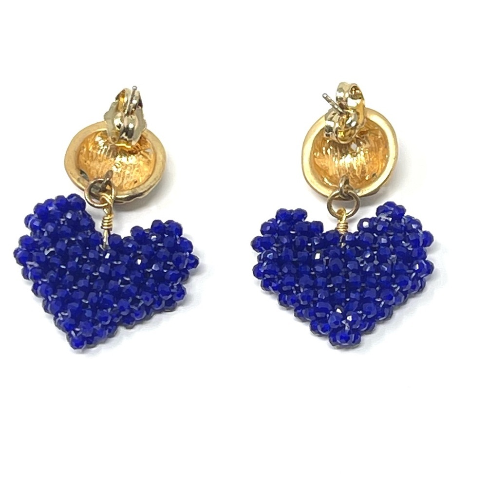 New Anthropologie Beaded Heart Gold Earrings Blue - Picture 3 of 4